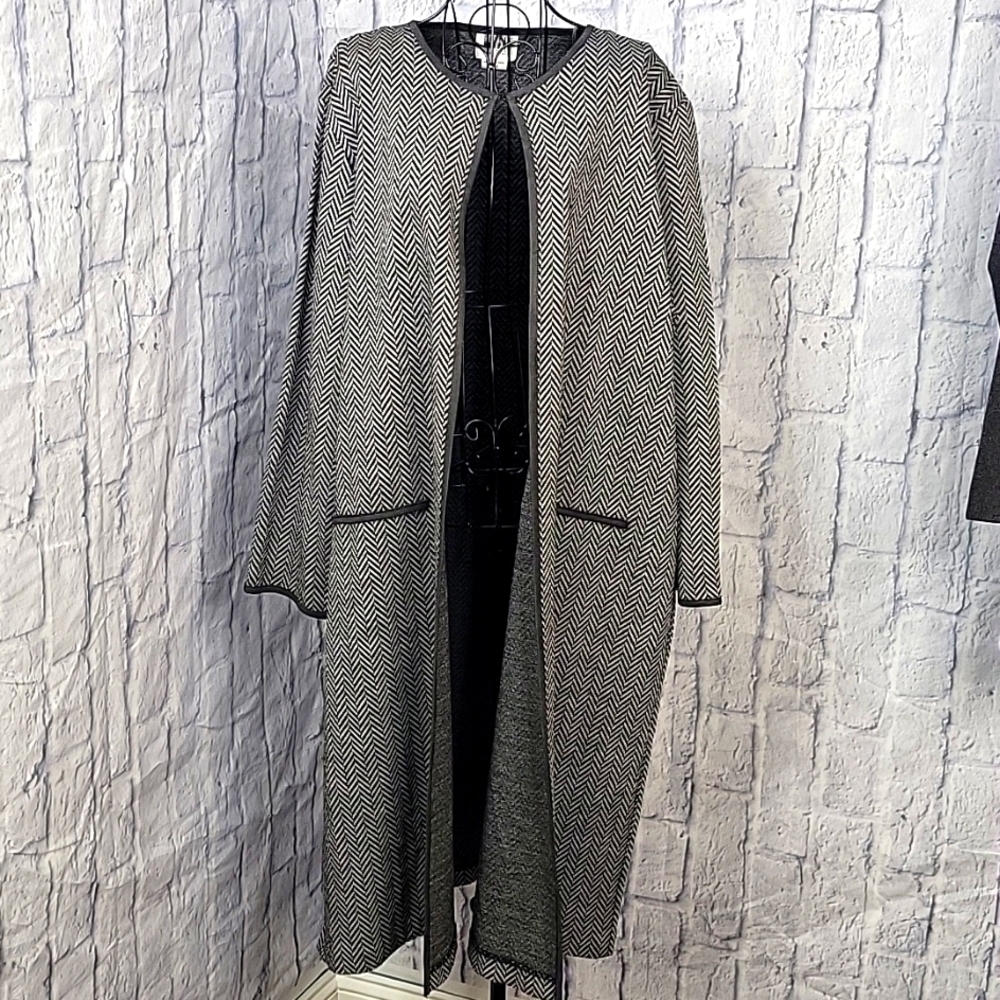 Vintage Leslie Fay Herringbone Long Duster Jacket 2X Black/White